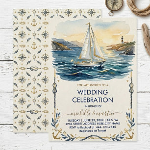 Convite Casamento Náutico Azul Marinho e Dourado Casamen