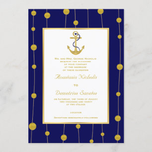 Convite Casamento náutico azul marinho miçanga de ouro