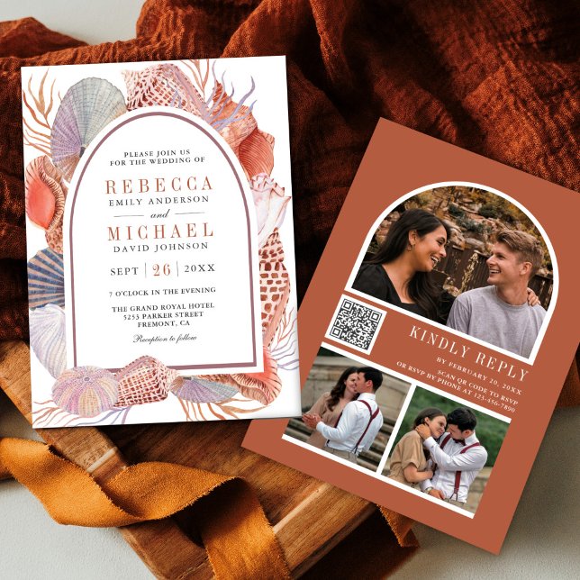 Convite Casamento Náutico Código QR Boho Rústico Conchas (Criador carregado)