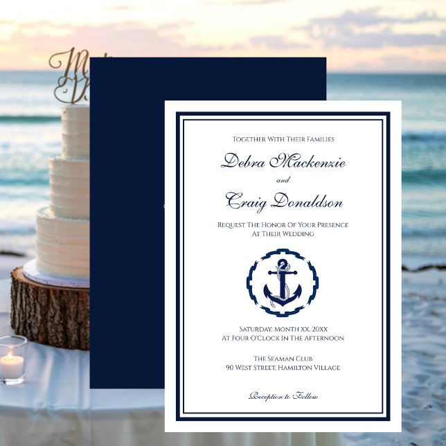 Convite Casamento Náutico da Marinha e Âncora Branca (Nautical Navy and White Anchor Wedding Invitation)