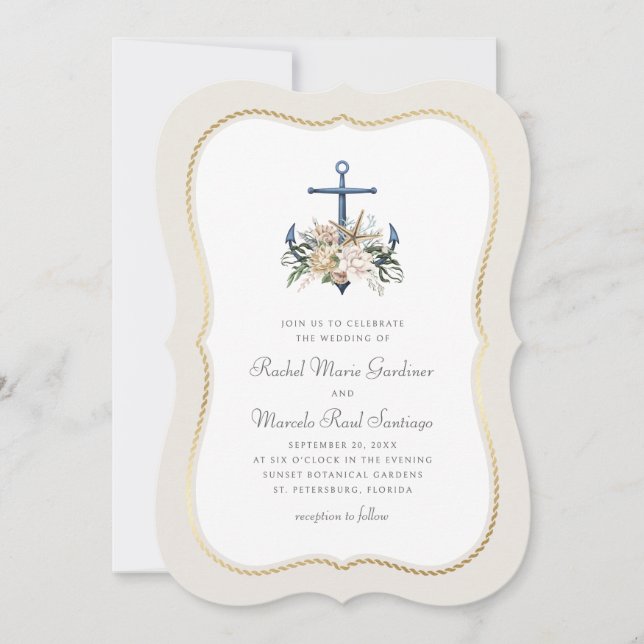 Convite Casamento Náutico de Âncora de Praia (Frente)