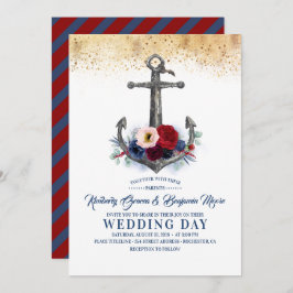 Convite Casamento Náutico de Âncora Floral marinho e Borgo