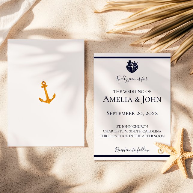 Convite Casamento Náutico de Azul Marinho Branco Costa Dou (Criador carregado)