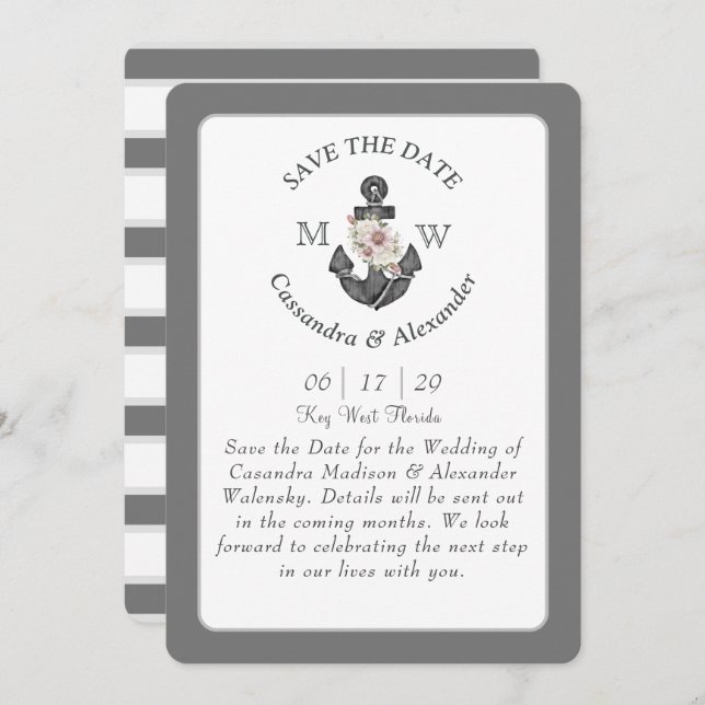 Convite Casamento Náutico de Cinzas de Prata Branca de Ânc (Frente/Verso)