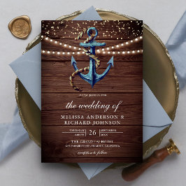 Convite Casamento Náutico de Madeira Rústica Azul Naval Ân