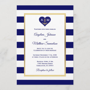 Convite Casamento Náutico do Coração Dourado Azul Elega