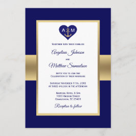 Convite Casamento Náutico do Coração Dourado Azul Elegante