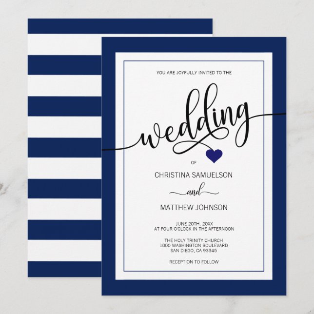 Convite Casamento náutico dos azuis marinhos elegantes das (Frente/Verso)