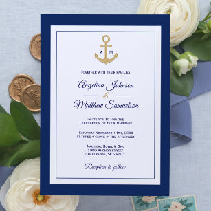 Convite Casamento Náutico Dourado Azul-Marinho Elegante