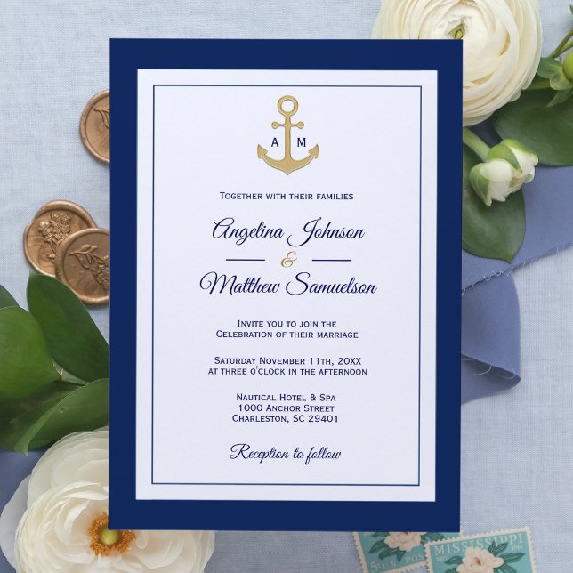 Convite Casamento Náutico Dourado Azul-Marinho Elegante (Criador carregado)
