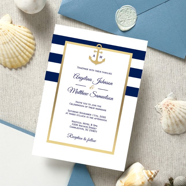 Convite Casamento Náutico Dourado Azul-Marinho Elegante (Criador carregado)