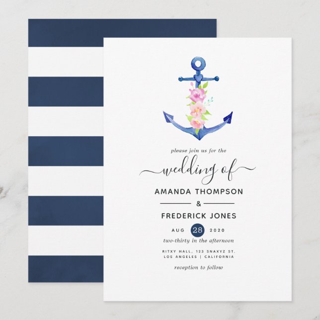 Convite Casamento Náutico em Aquarela (Frente/Verso)