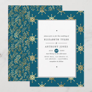 Convite Casamento Náutico em Azul Turquesa e Dourado