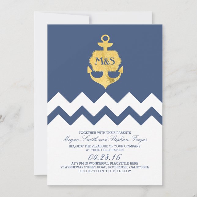 Convite Casamento Náutico Marinho Chevron Gold Foil Anchor (Frente)