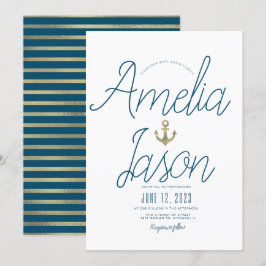 Convite Casamento Náutico Minimalista Azul  Falso Script F
