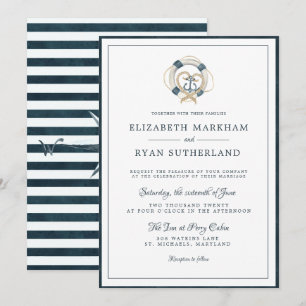 Convite Casamento Náutico Navy & Branco Enraizados no Am