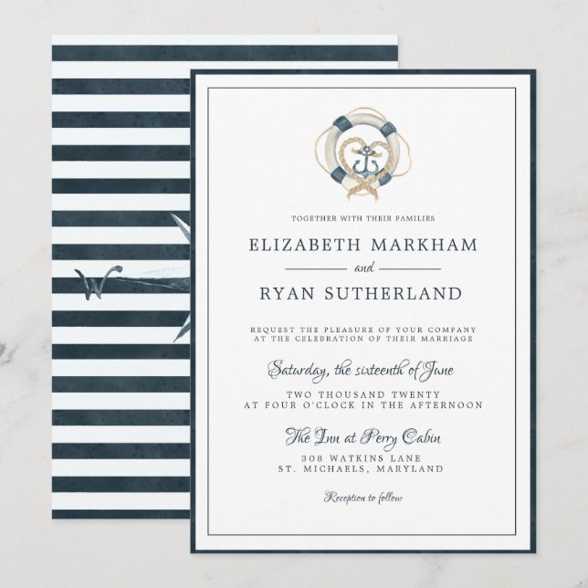 Convite Casamento Náutico Navy & Branco | Enraizados no Am (Frente/Verso)