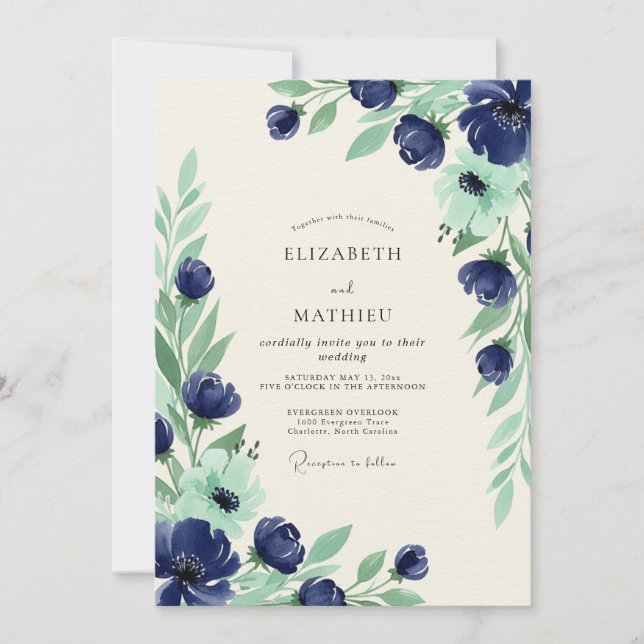 Convite Casamento Naval Azul Grandioso de Primavera (Frente)