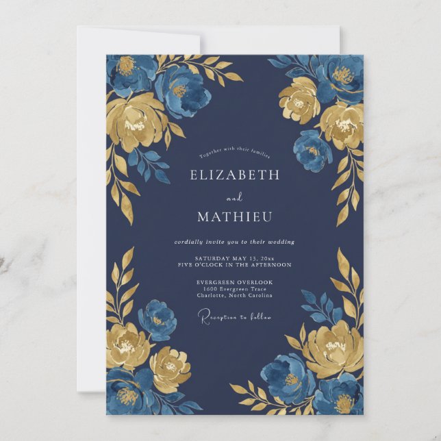 Convite Casamento Naval Azul Régio Meia-Noite (Frente)