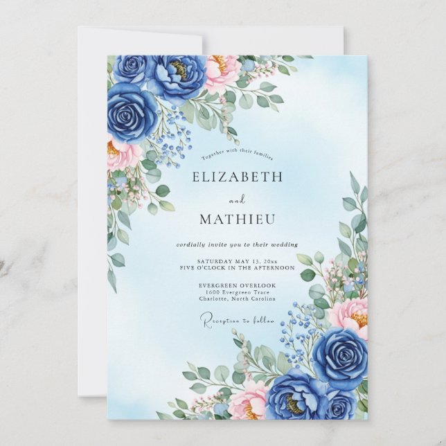 Convite Casamento Naval Azul Verdejante de Primavera (Frente)