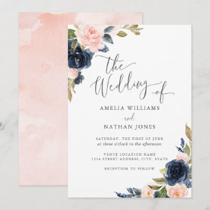 Convite Casamento Naval Blush Floral Aquarela Moderna