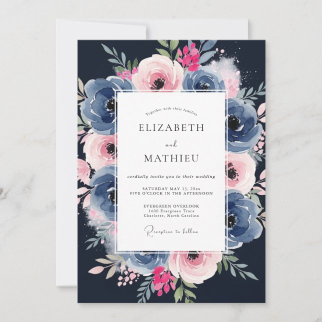 Convite Casamento Naval Rosa Mal-humorado Pintado (Frente)