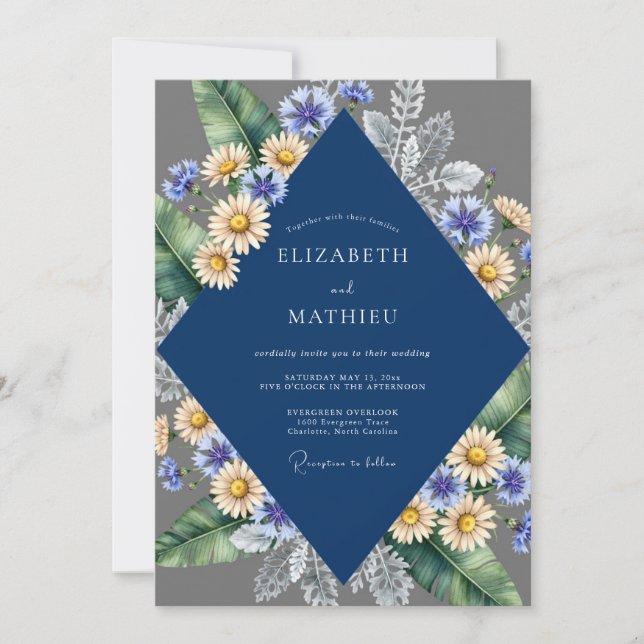 Convite Casamento Navy Amarelo Daisy Sage (Frente)