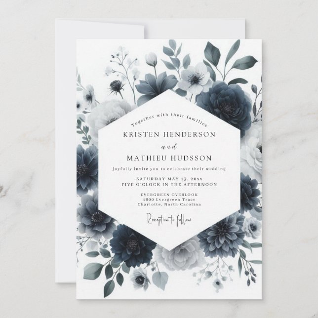 Convite Casamento Navy Aquarelle Bloom (Frente)
