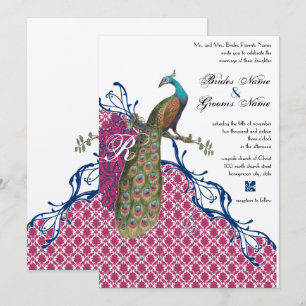 Convite Casamento Navy & Berry Berry Monograma Damasko Pav