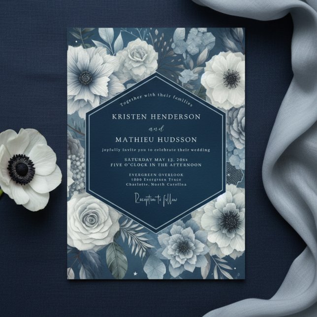 Convite Casamento Navy Bloom Moody (Criador carregado)