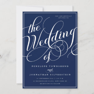 Convite Casamento Navy Blue Elegant Flourish Script