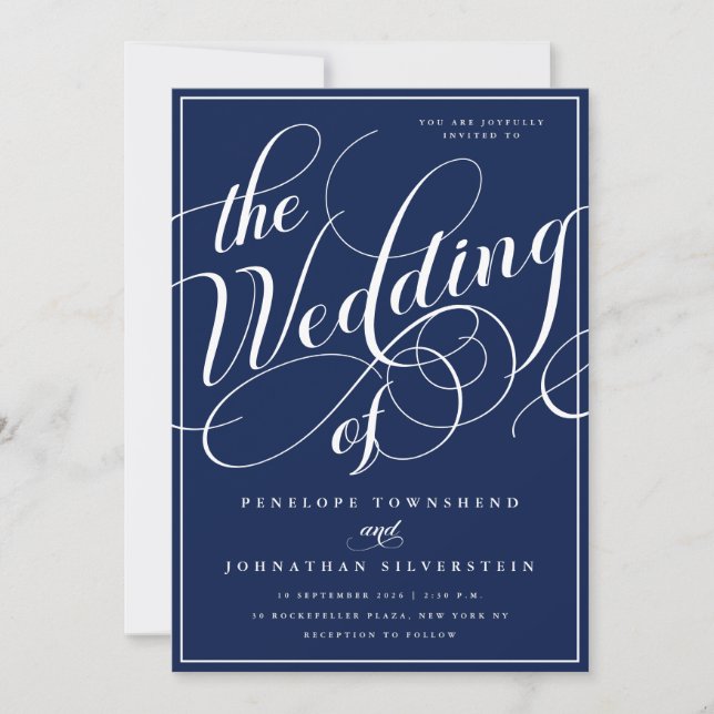 Convite Casamento Navy Blue Elegant Flourish Script (Frente)