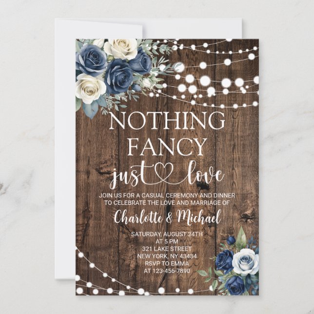 Convite Casamento Navy Blue Floral Nothing Fancy Just Love (Frente)