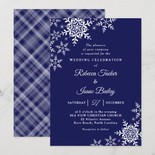 Convite Casamento Navy Blue Plaid de Flocos de Neve Elegan