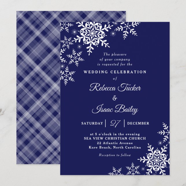 Convite Casamento Navy Blue Plaid de Flocos de Neve Elegan (Frente/Verso)