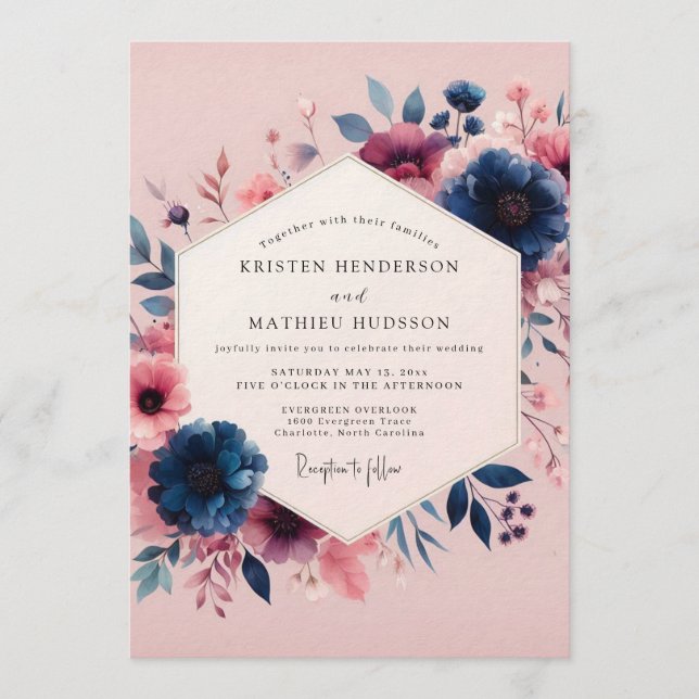 Convite Casamento Navy Blush Moody Bloom (Frente)
