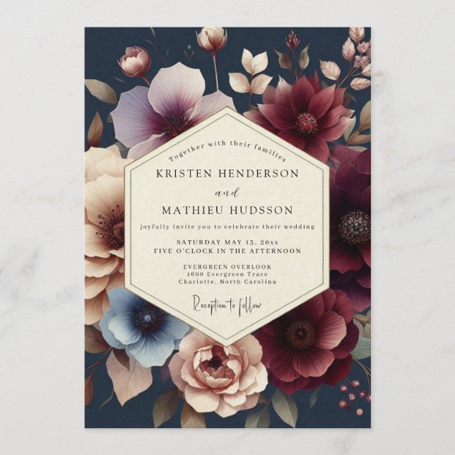 Convite Casamento Navy Burgundy Moody Bloom (Frente)