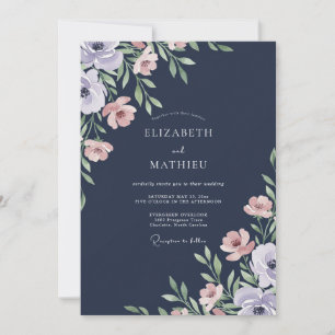 Convite Casamento Navy com Folhas em Rosa Pó