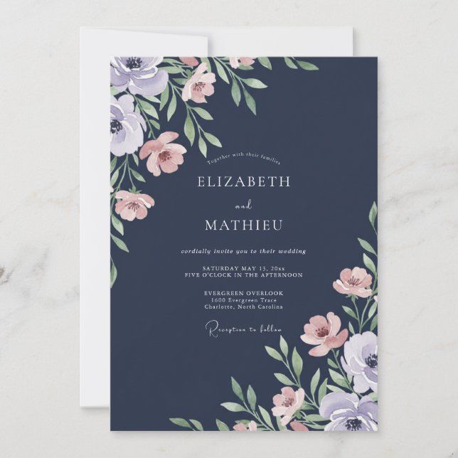 Convite Casamento Navy com Folhas em Rosa Pó (Frente)
