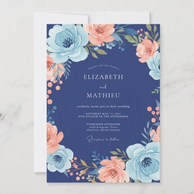 Convite Casamento Navy Coral Bloom (Frente)