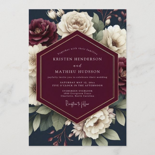 Convite Casamento Navy & Crimson Moody Bloom (Frente)
