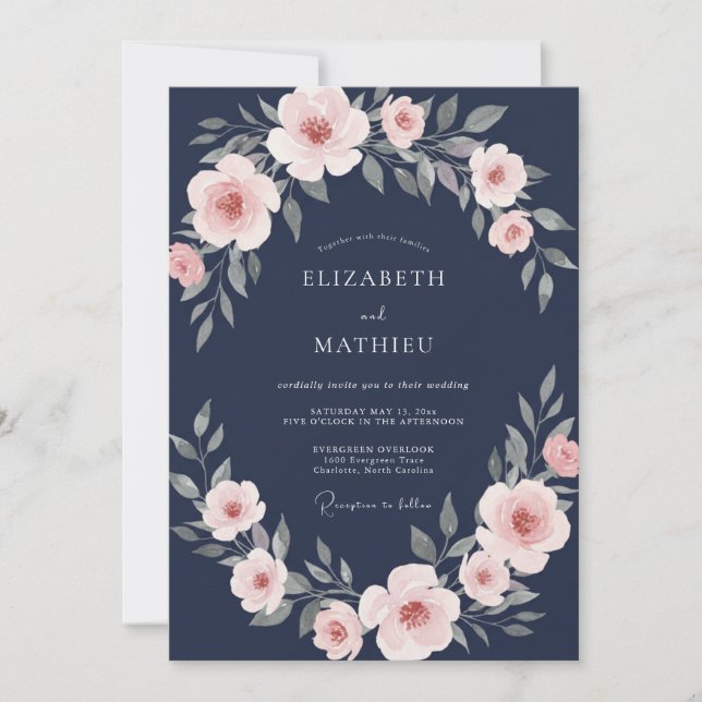 Convite Casamento Navy Delicate Bloom (Frente)