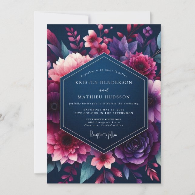 Convite Casamento Navy & Fuchsia Vibrant Bloom (Frente)