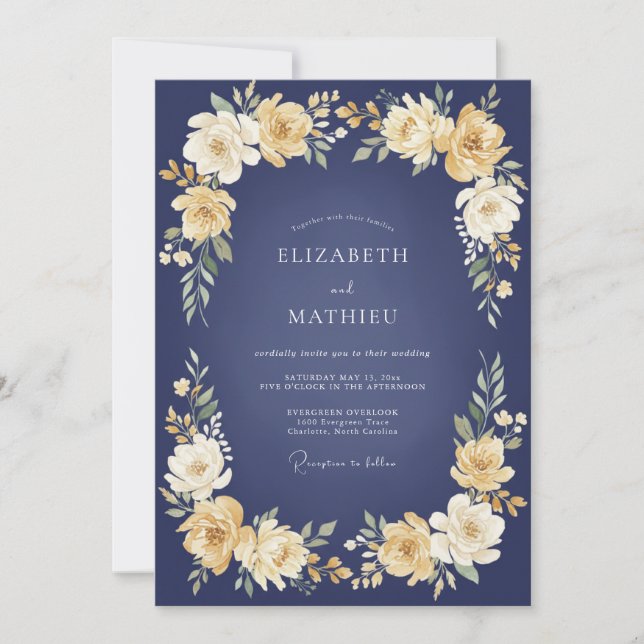Convite Casamento Navy Golden Bloom (Frente)