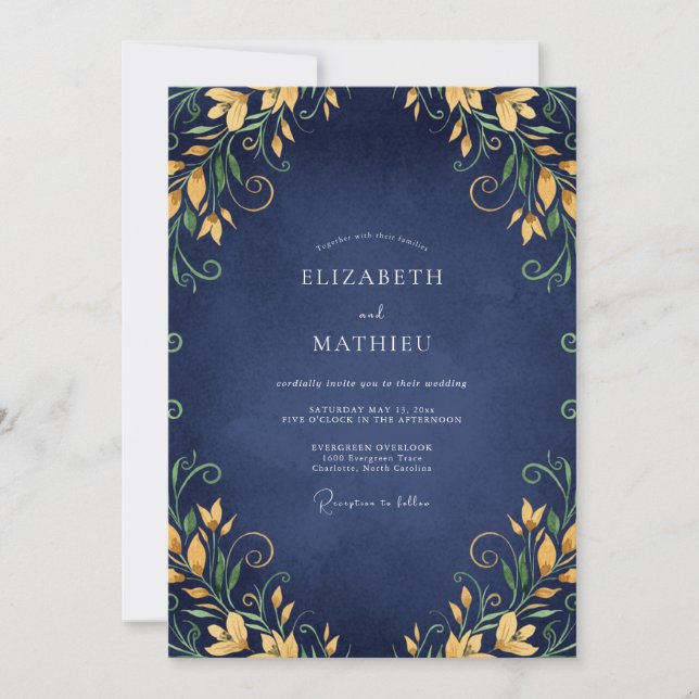 Convite Casamento Navy Golden Lily (Frente)