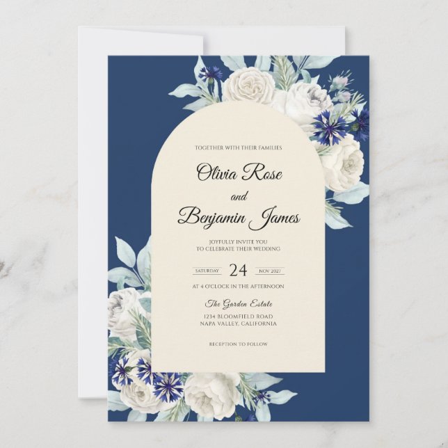 Convite Casamento Navy Ivory Bloom (Frente)