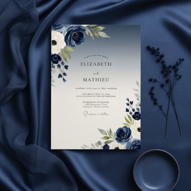 Convite Casamento Navy Painterly Bloom (Criador carregado)