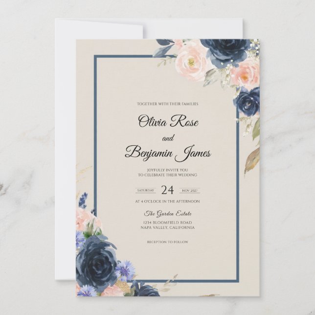 Convite Casamento Navy Peach Bloom (Frente)
