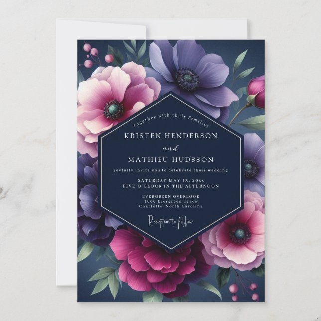 Convite Casamento Navy & Plum Dramático em Flor (Frente)