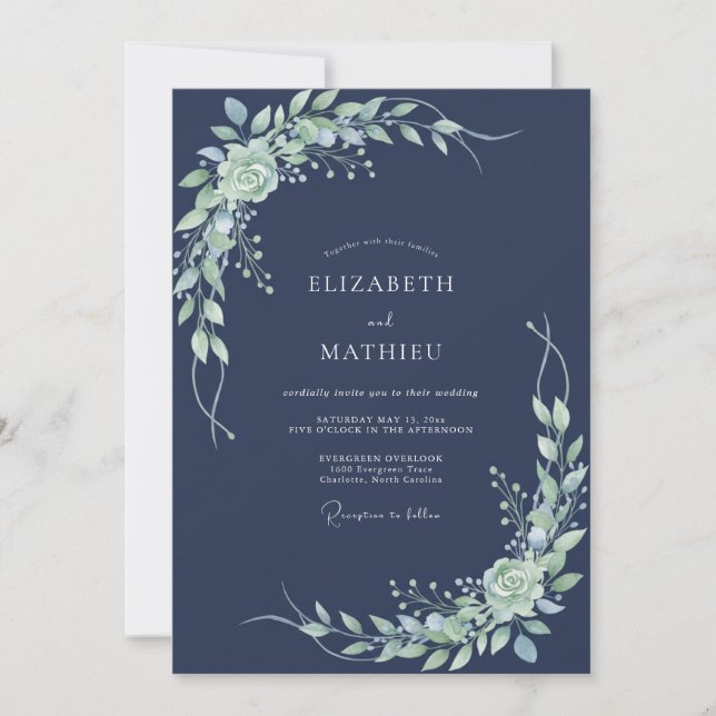 Convite Casamento Navy Verdant Flourish (Frente)